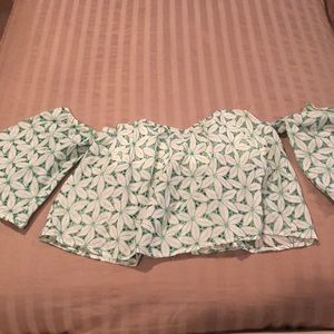 Green and white floral strapless top